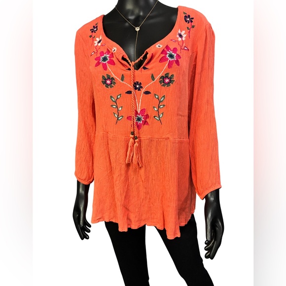new directions Tops - New Directions Orange Floral Embroidered Blouse